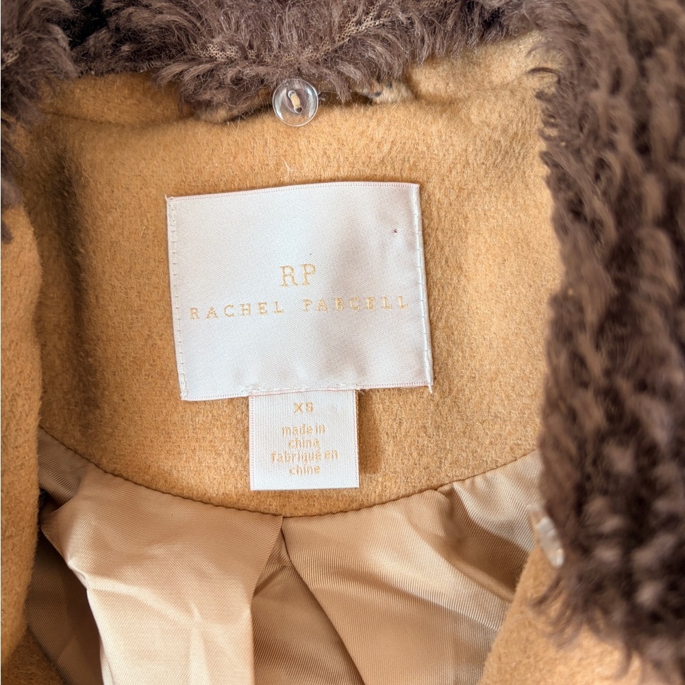 Rachel Parcell Tan Almond Plaid Double Breasted Faux Fur Collar Coat Size XS EUC - Picture 3 of 6